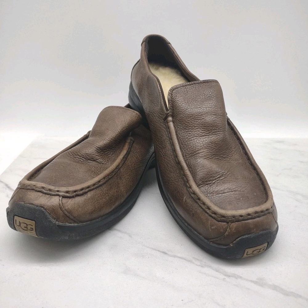 UGG Driving Moccasins Slippers Shoes Womens Sz 10 Brown Leather Shearling Lined